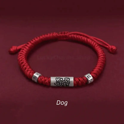 925 Sterling Silver Zodiac Lu Lu Tong (Smooth Progress) Six-Syllable Mantra Red Bracelet | Adjustable-LuckyCharms.Shop