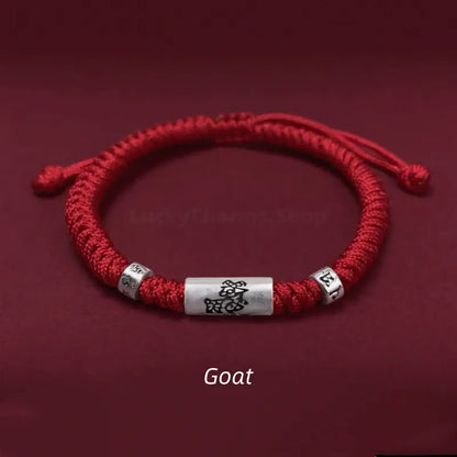 925 Sterling Silver Zodiac Lu Lu Tong (Smooth Progress) Six-Syllable Mantra Red Bracelet | Adjustable-LuckyCharms.Shop