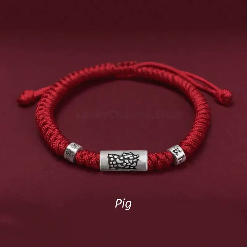 925 Sterling Silver Zodiac Lu Lu Tong (Smooth Progress) Six-Syllable Mantra Red Bracelet | Adjustable-LuckyCharms.Shop