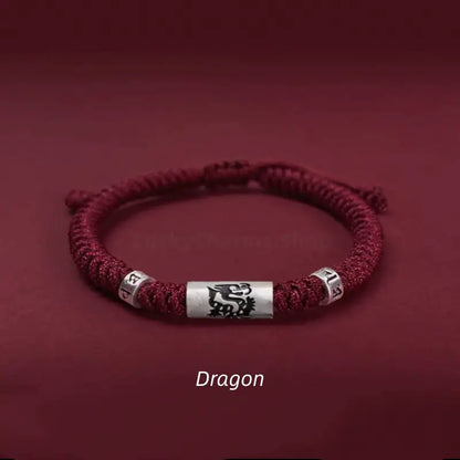 925 Sterling Silver Zodiac Lu Lu Tong (Smooth Progress) Six-Syllable Mantra Dark Red Bracelet | Adjustable, Sophisticated Texture-LuckyCharms.Shop