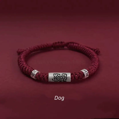 925 Sterling Silver Zodiac Lu Lu Tong (Smooth Progress) Six-Syllable Mantra Dark Red Bracelet | Adjustable, Sophisticated Texture-LuckyCharms.Shop