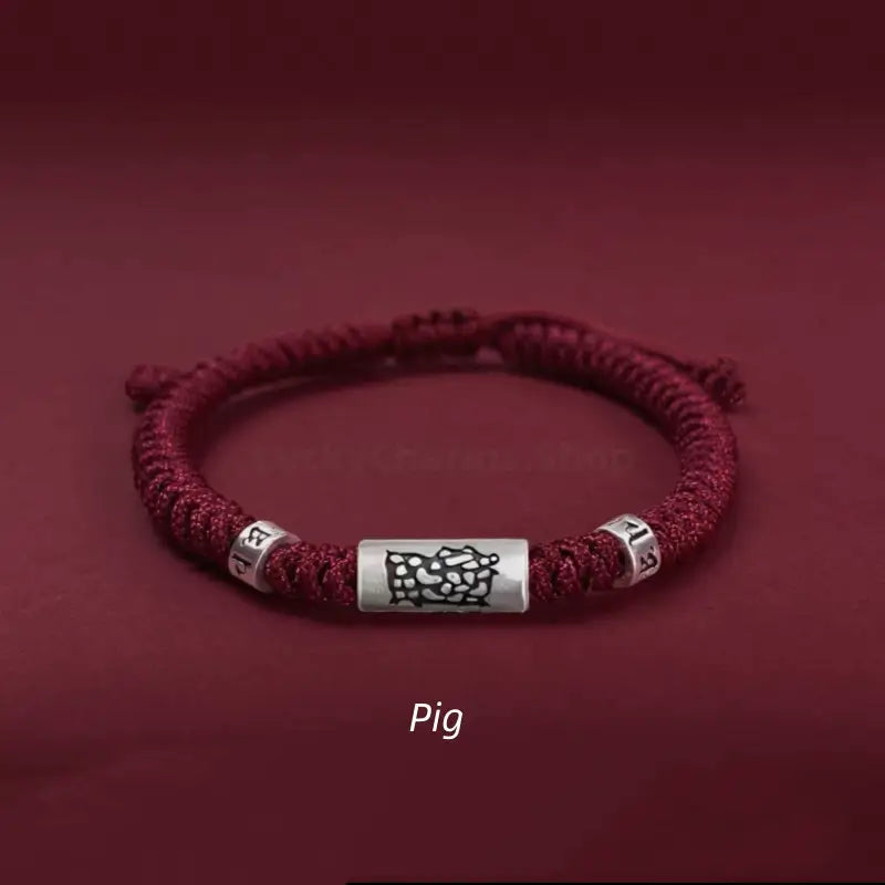 925 Sterling Silver Zodiac Lu Lu Tong (Smooth Progress) Six-Syllable Mantra Dark Red Bracelet | Adjustable, Sophisticated Texture-LuckyCharms.Shop