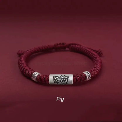 925 Sterling Silver Zodiac Lu Lu Tong (Smooth Progress) Six-Syllable Mantra Dark Red Bracelet | Adjustable, Sophisticated Texture-LuckyCharms.Shop