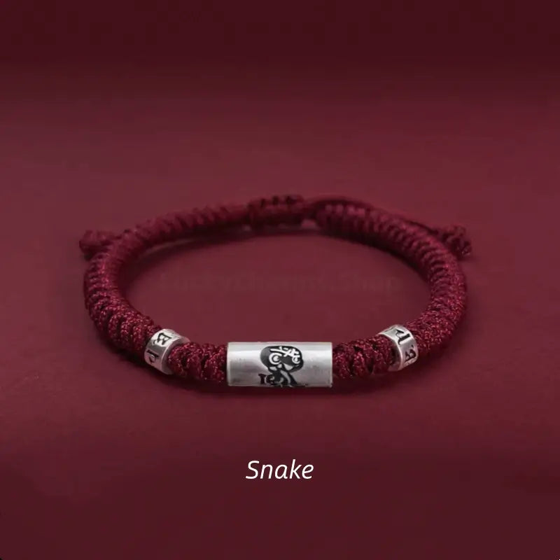 925 Sterling Silver Zodiac Lu Lu Tong (Smooth Progress) Six-Syllable Mantra Dark Red Bracelet | Adjustable, Sophisticated Texture-LuckyCharms.Shop