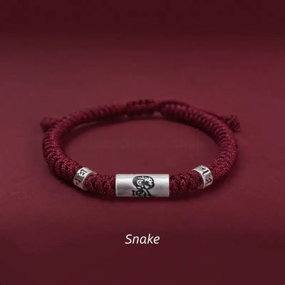 925 Sterling Silver Zodiac Lu Lu Tong (Smooth Progress) Six-Syllable Mantra Dark Red Bracelet | Adjustable, Sophisticated Texture-LuckyCharms.Shop