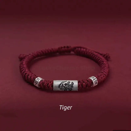 925 Sterling Silver Zodiac Lu Lu Tong (Smooth Progress) Six-Syllable Mantra Dark Red Bracelet | Adjustable, Sophisticated Texture-LuckyCharms.Shop