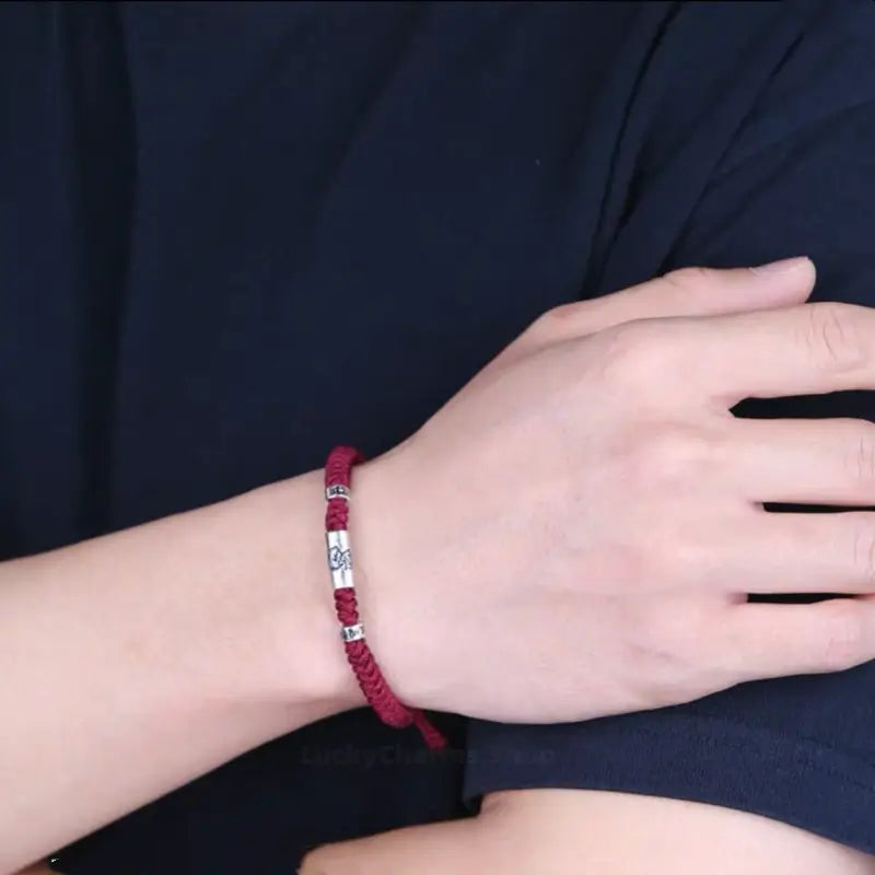 925 Sterling Silver Zodiac Lu Lu Tong (Smooth Progress) Six-Syllable Mantra Dark Red Bracelet | Adjustable, Sophisticated Texture-LuckyCharms.Shop