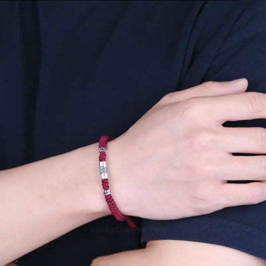 925 Sterling Silver Zodiac Lu Lu Tong (Smooth Progress) Six-Syllable Mantra Dark Red Bracelet | Adjustable, Sophisticated Texture-LuckyCharms.Shop