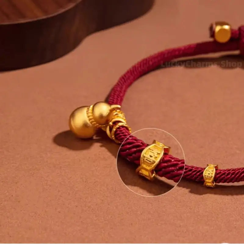 Mount Wutai Blessed Everlasting Blessings of Fortune and Emoluments Gold-Plated Gourd Red Bracelet | Adjustable Drawstring, High-Density Braided Cotton Rope-LuckyCharms.Shop