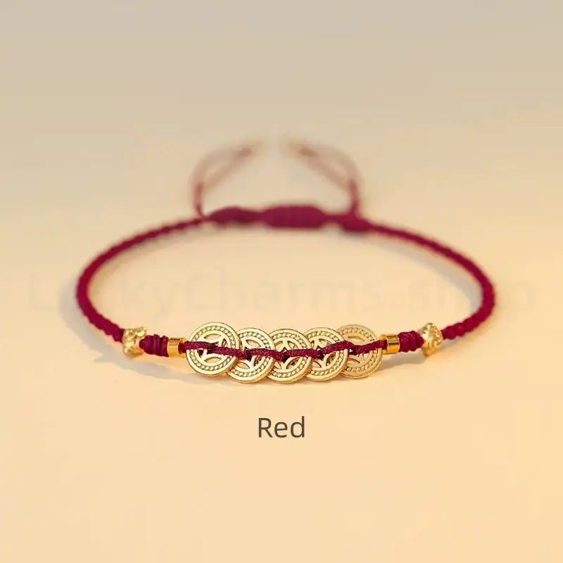 Gold Plated Money Tree & Ancient Chinese Coins Braided Rope Bracelet-LuckyCharms.Shop