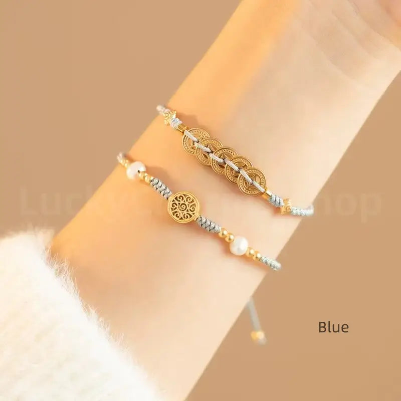Gold Plated Money Tree & Ancient Chinese Coins Braided Rope Bracelet-LuckyCharms.Shop