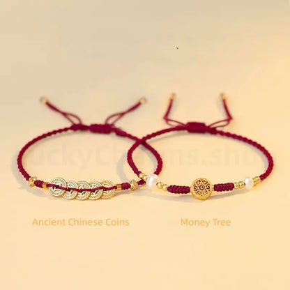 Gold Plated Money Tree & Ancient Chinese Coins Braided Rope Bracelet-LuckyCharms.Shop