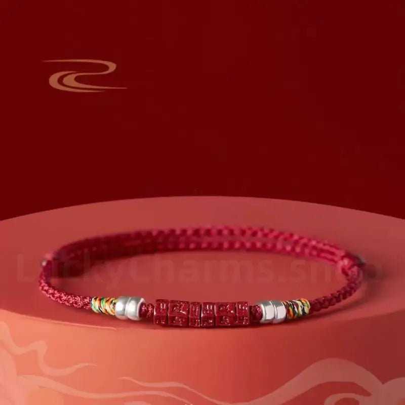Natural Cinnabar Six-Syllable Mantra Oṃ Maṇi Padme Hūṃ Braided Rope Bracelet-LuckyCharms.Shop