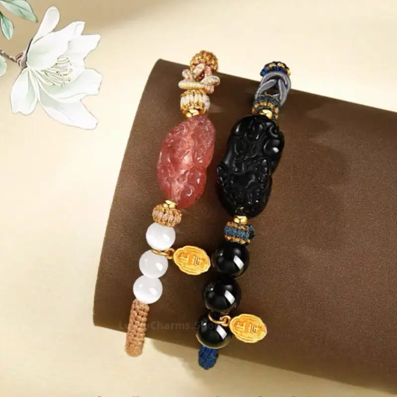 Black Agate & Rose Quartz Pixiu Love Knot Couple Bracelets | 925 Silver Gold-Plated Shang'an Charm, Natural Gemstone Jewelry-LuckyCharms.Shop