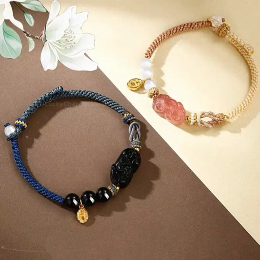 Black Agate & Rose Quartz Pixiu Love Knot Couple Bracelets | 925 Silver Gold-Plated Shang'an Charm, Natural Gemstone Jewelry-LuckyCharms.Shop