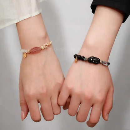 Black Agate & Rose Quartz Pixiu Love Knot Couple Bracelets | 925 Silver Gold-Plated Shang'an Charm, Natural Gemstone Jewelry-LuckyCharms.Shop