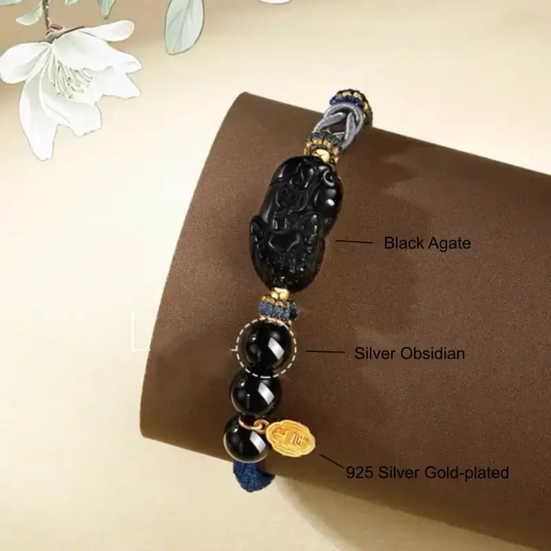 Black Agate & Rose Quartz Pixiu Love Knot Couple Bracelets | 925 Silver Gold-Plated Shang'an Charm, Natural Gemstone Jewelry-LuckyCharms.Shop