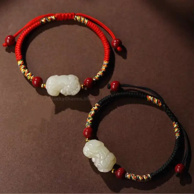 Hetian Jade Pixiu Couple Bracelets | Wealth-Attracting, Cinnabar Lucky Beads, Adjustable Drawstring, Red & Black-LuckyCharms.Shop