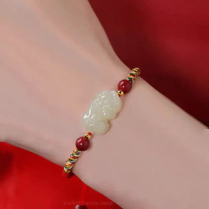Hetian Jade Pixiu Couple Bracelets | Wealth-Attracting, Cinnabar Lucky Beads, Adjustable Drawstring, Red & Black-LuckyCharms.Shop