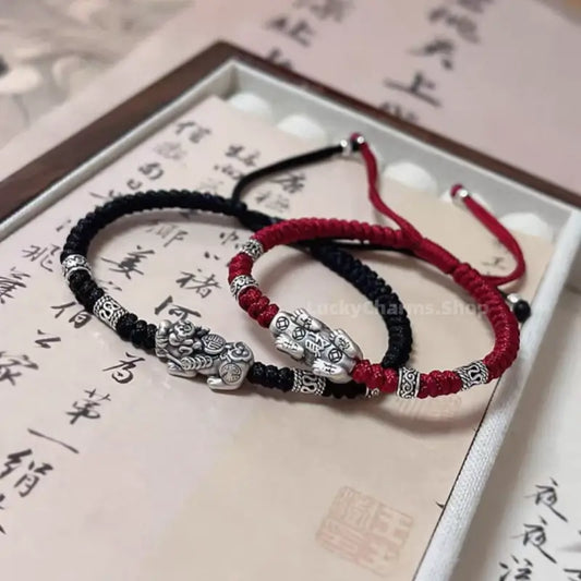 999 Sterling Silver Wealth-Attracting Pixiu (Wealth-Guardian Beast) Couple Braided Bracelet | Adjustable-LuckyCharms.Shop