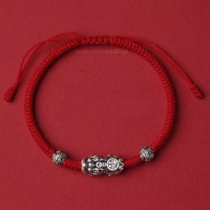 999 Fine Silver Pixiu Lucky Bead Braided Bracelet | Engraved "Fu" Pattern, Auspicious Jewelry-LuckyCharms.Shop