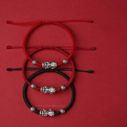 999 Fine Silver Pixiu Lucky Bead Braided Bracelet | Engraved "Fu" Pattern, Auspicious Jewelry-LuckyCharms.Shop