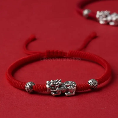 999 Fine Silver Pixiu Lucky Bead Braided Bracelet | Engraved "Fu" Pattern, Auspicious Jewelry-LuckyCharms.Shop