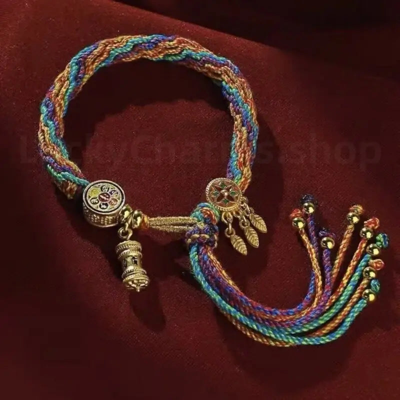 Tibetan Reincarnation Knot Prayer Wheel Blessing Braided Hand Rope Protection-LuckyCharms.Shop