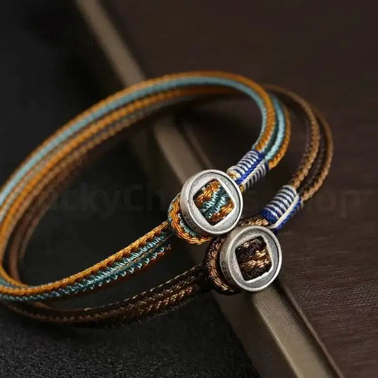 925 Sterling Silver Vintage Button Hand-Woven Men's Bracelet for Wealth Luck Success-LuckyCharms.Shop