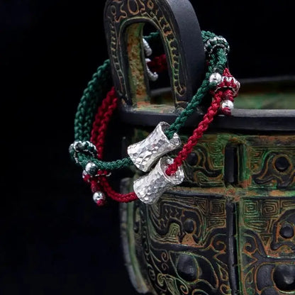 925シルバー カップル ルルトン ブレスレット | ピーナッツ柄、調節可能な赤と緑の編み紐、抗酸化