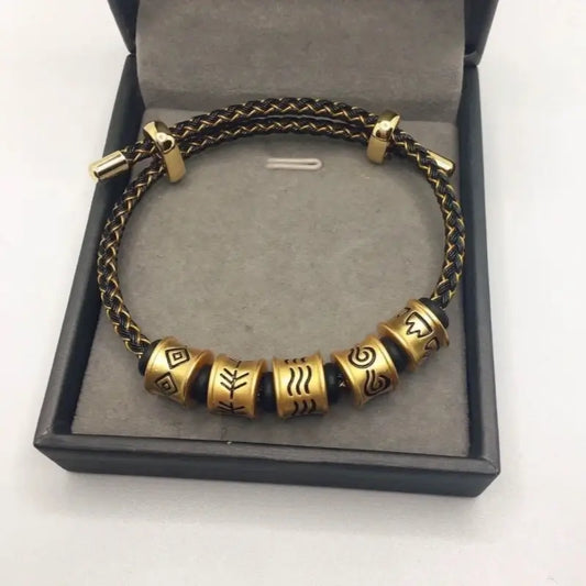 Bracelet Lu Lu Tong plaqué or à cinq éléments | Cordon en cuir tressé noir et or, taille ajustable