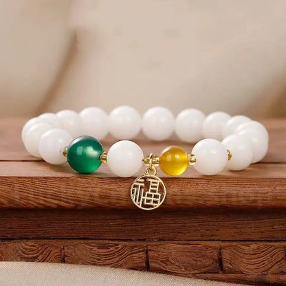 White Jade Bodhi Seed Fortune Blessing Pendant Bracelet for Luck Wealth-LuckyCharms.Shop