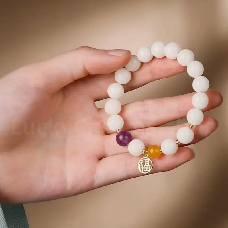 White Jade Bodhi Seed Fortune Blessing Pendant Bracelet for Luck Wealth-LuckyCharms.Shop