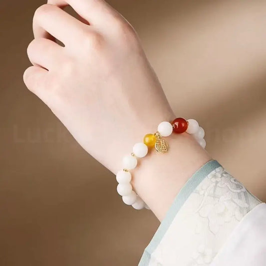White Jade Bodhi Seed Fortune Blessing Pendant Bracelet for Luck Wealth-LuckyCharms.Shop