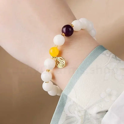 White Jade Bodhi Seed Fortune Blessing Pendant Bracelet for Luck Wealth-LuckyCharms.Shop