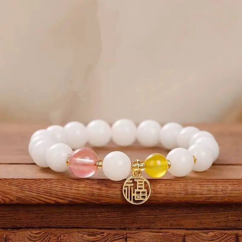 White Jade Bodhi Seed Fortune Blessing Pendant Bracelet for Luck Wealth-LuckyCharms.Shop