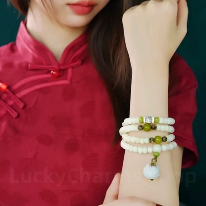 Nautral White Jade Bodhi Seed Lotus Mala 108 Beads Double-Strand Bracelet Wisdom Luck Success-LuckyCharms.Shop