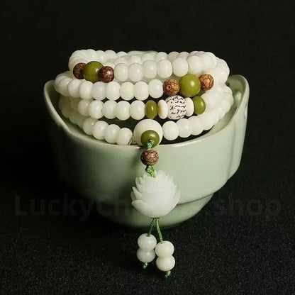 Nautral White Jade Bodhi Seed Lotus Mala 108 Beads Double-Strand Bracelet Wisdom Luck Success-LuckyCharms.Shop