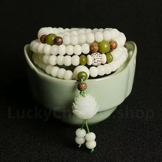 Nautral White Jade Bodhi Seed Lotus Mala 108 Beads Double-Strand Bracelet Wisdom Luck Success-LuckyCharms.Shop
