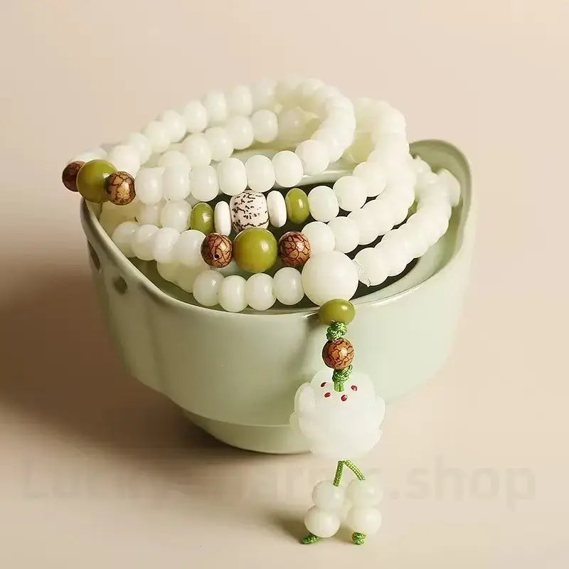 Nautral White Jade Bodhi Seed Lotus Mala 108 Beads Double-Strand Bracelet Wisdom Luck Success-LuckyCharms.Shop