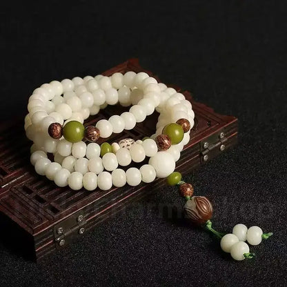 Nautral White Jade Bodhi Seed Lotus Mala 108 Beads Double-Strand Bracelet Wisdom Luck Success-LuckyCharms.Shop