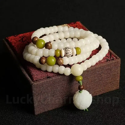 Nautral White Jade Bodhi Seed Lotus Mala 108 Beads Double-Strand Bracelet Wisdom Luck Success-LuckyCharms.Shop